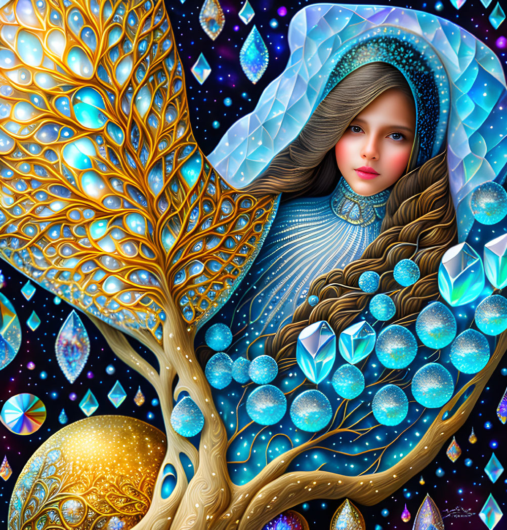 Fantasy illustration of woman with hood, golden tree, shapes, blue crystals