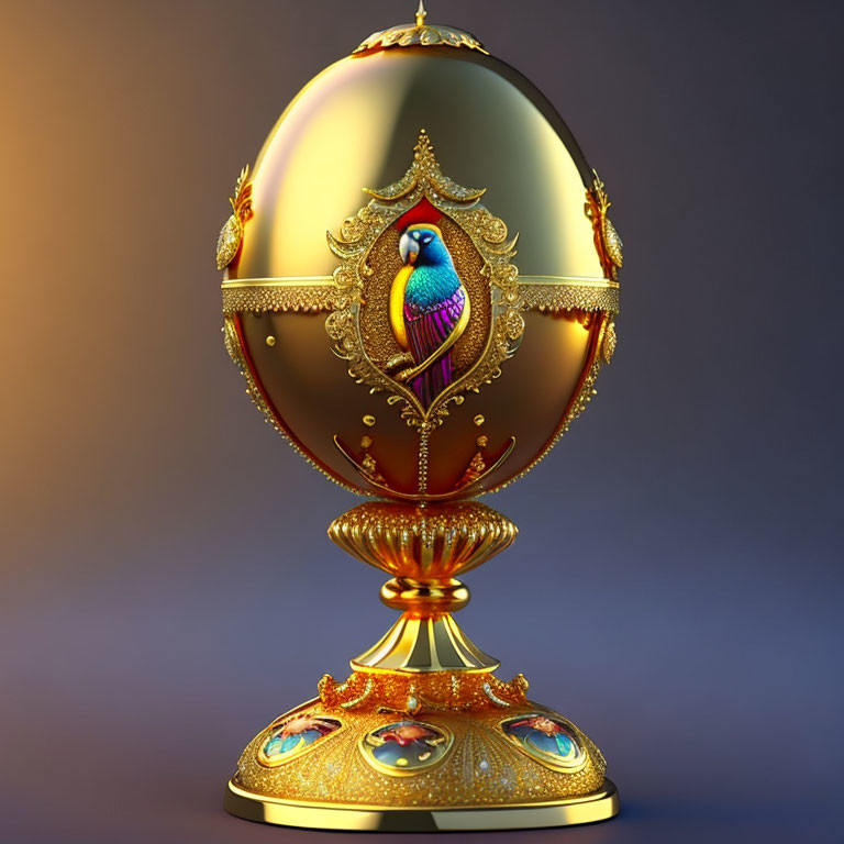 Intricate golden egg with colorful bird on ornate base