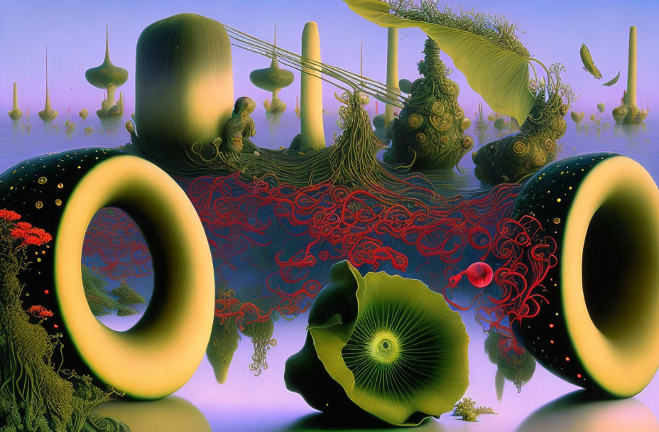 Vibrant surreal landscape with organic shapes and fantastical structures