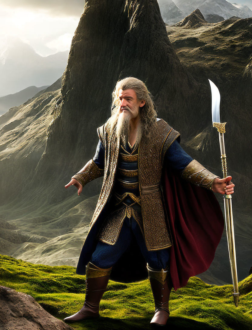 Elder wizard in blue and gold robe with staff in mountainous terrain