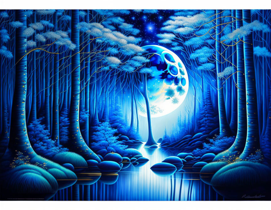 Fantasy artwork: Enchanting forest scene with tall trees, full moon, stars, and serene