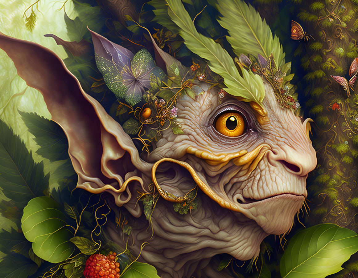 Fantastical creature with greenery and berries, old man-like features.