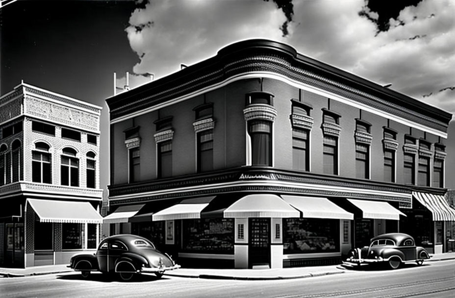 Vintage corner building with classic cars in front under dramatic sky