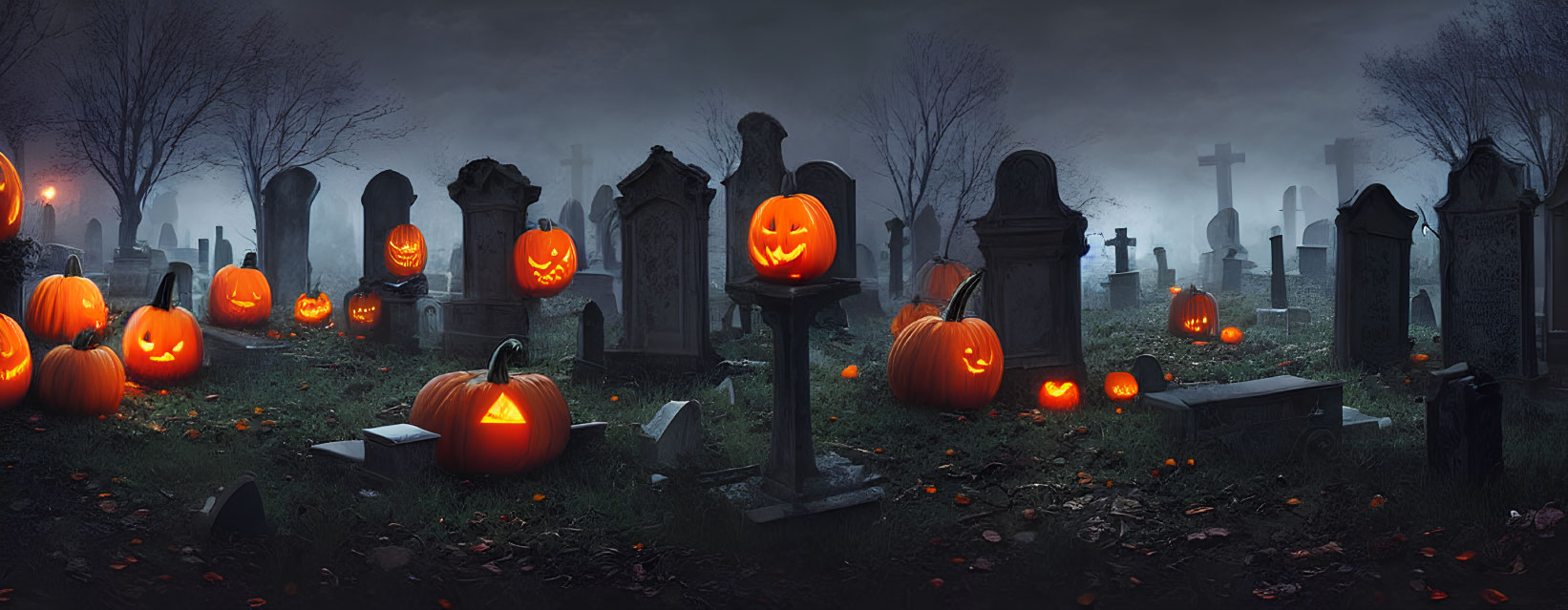 Misty graveyard with carved pumpkins at night