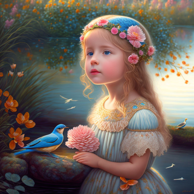 Blonde girl with flower crown holding pink flower beside blue bird