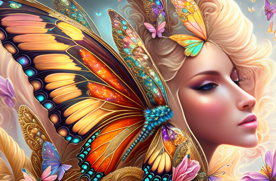 Colorful Butterfly Winged Woman Surrounded by Flowers in Fantasy Illustration