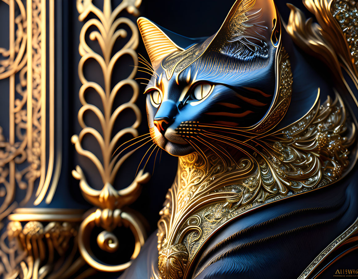 Regal cat digital artwork with gold and blue armor-like patterns on dark background