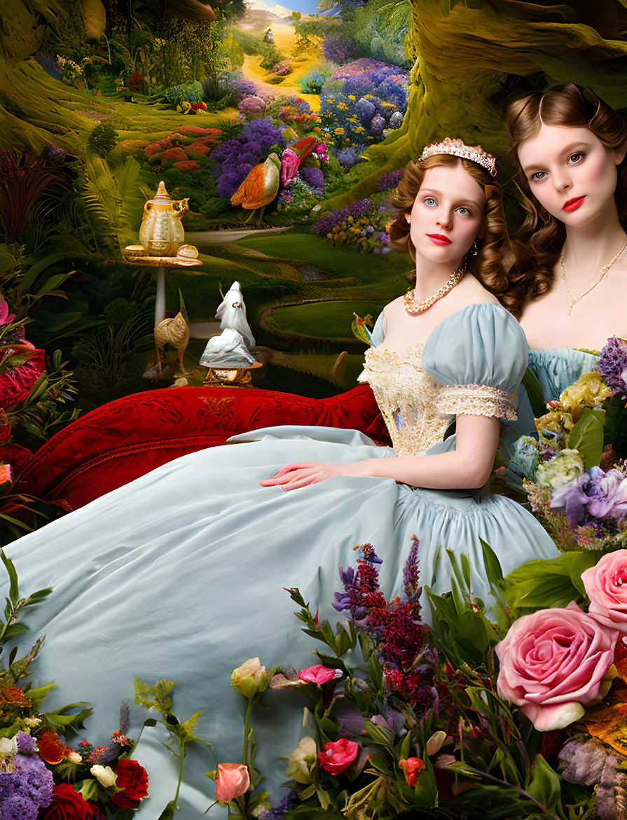 Two women in historical dresses in vibrant garden with butterflies and rabbit