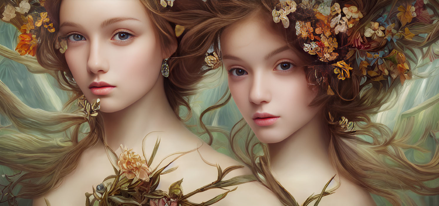 Ethereal women with flowing hair and delicate flower adornments