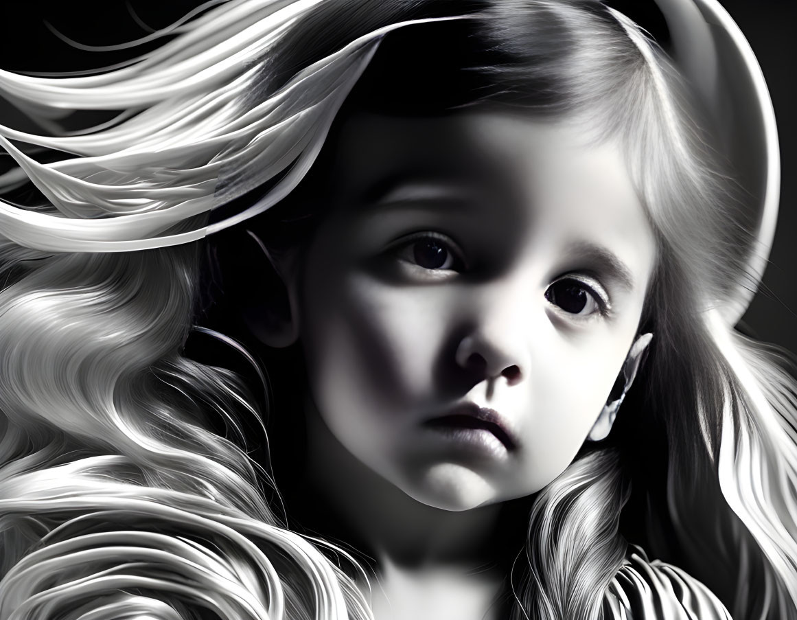 Monochromatic portrait of a young child with flowing hair