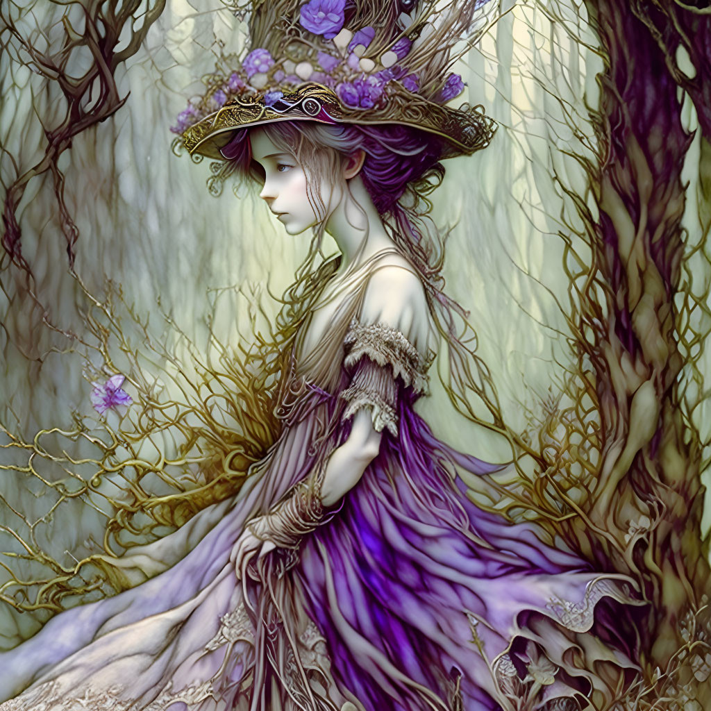 Ethereal woman in purple gown with ornate hat among twisted tree trunks