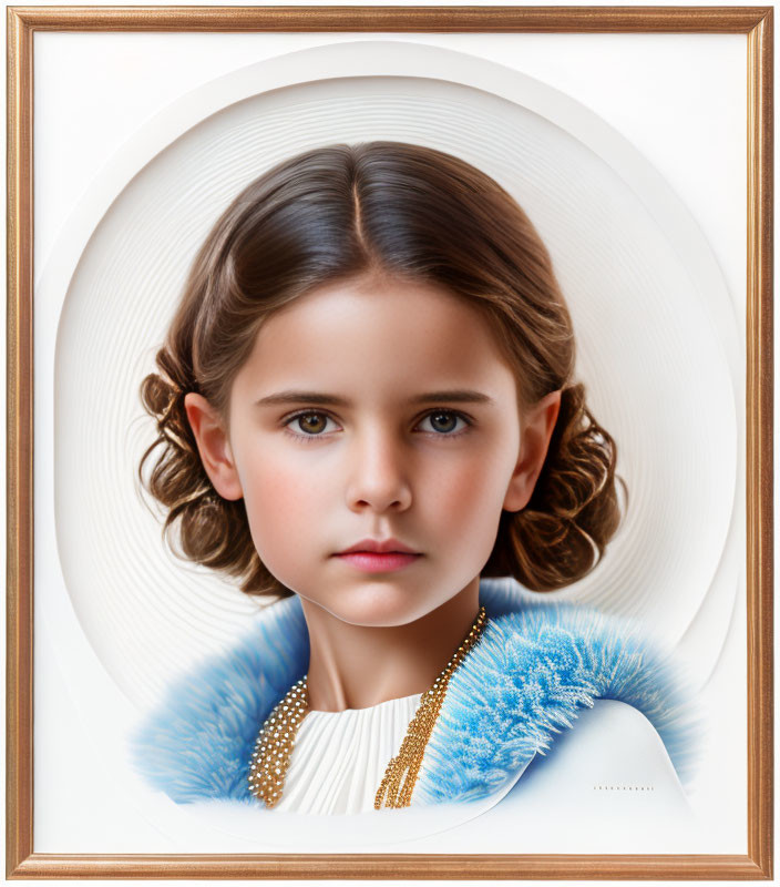 Young girl portrait with brown hair and white/blue collar in oval frame