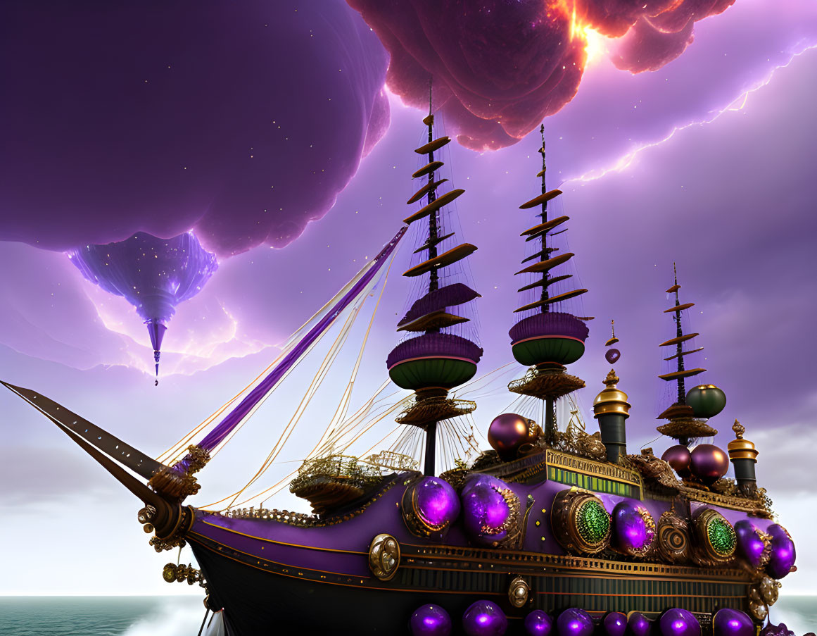 Fantastical ship with ornate masts under violet sky and airborne island