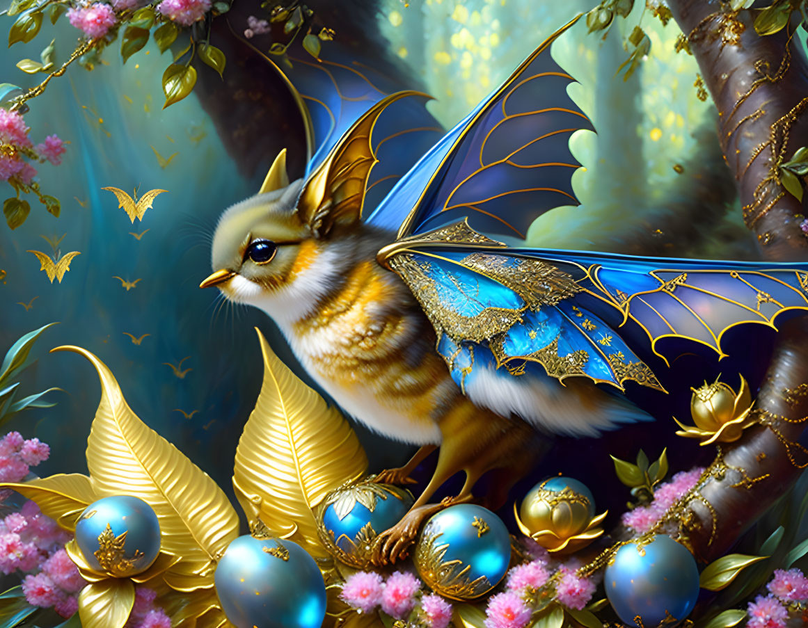 Bird with Butterfly Wings on Blossoming Branch with Golden Leaves and Blue Eggs