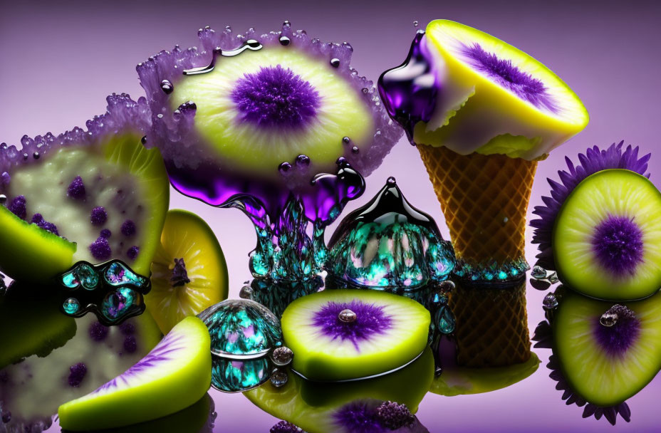 Colorful still life with sliced kiwi, water droplets, jewelry, and ice cream cone