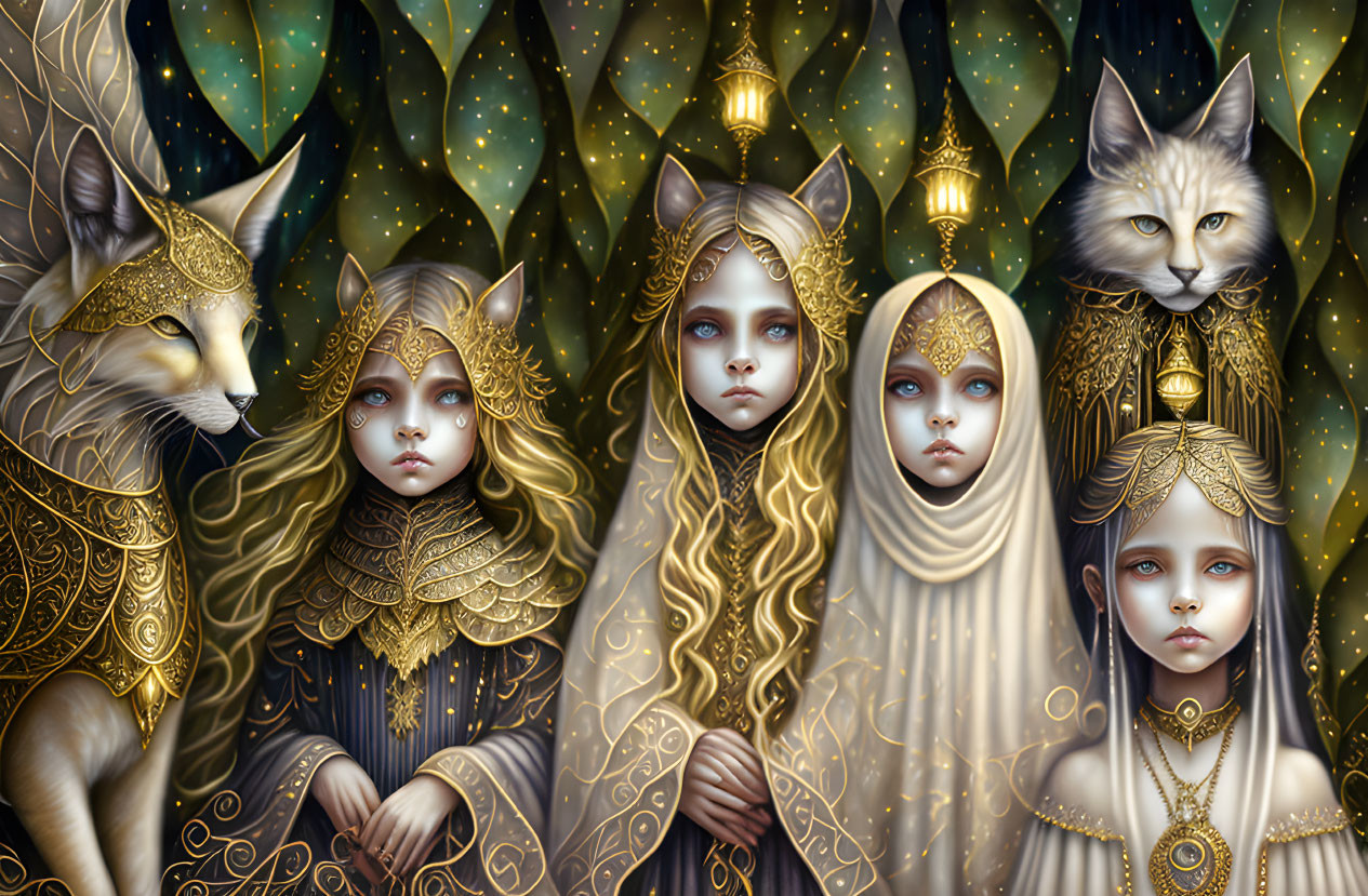 Human-Feline Hybrid Creatures in Golden Attire on Starry Background