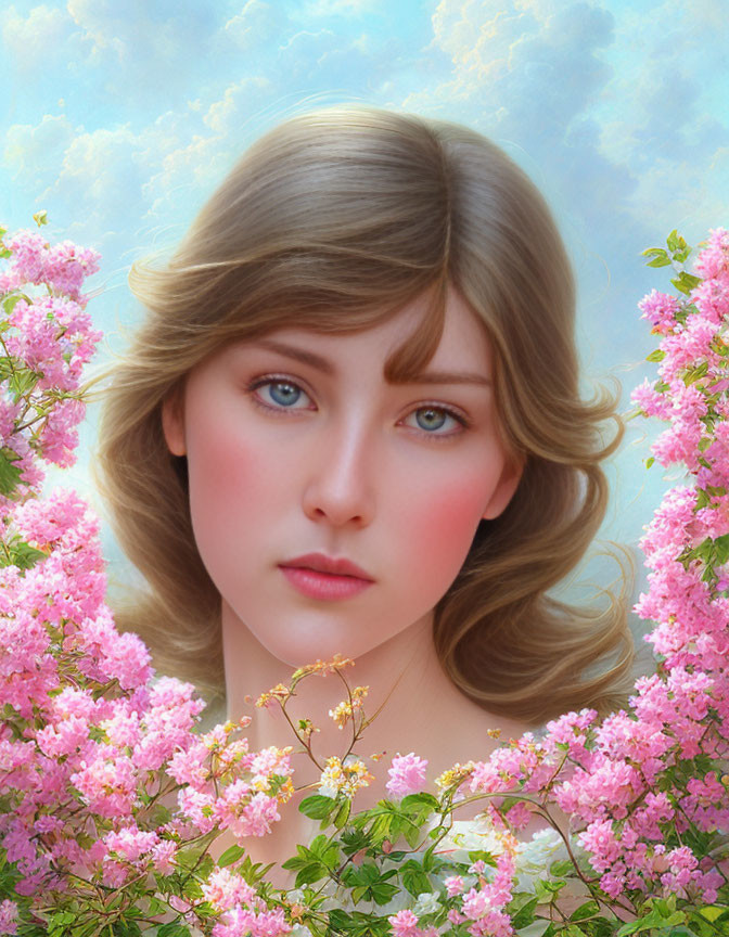 Woman portrait with blue eyes, fair skin, pink flowers, and blue sky.