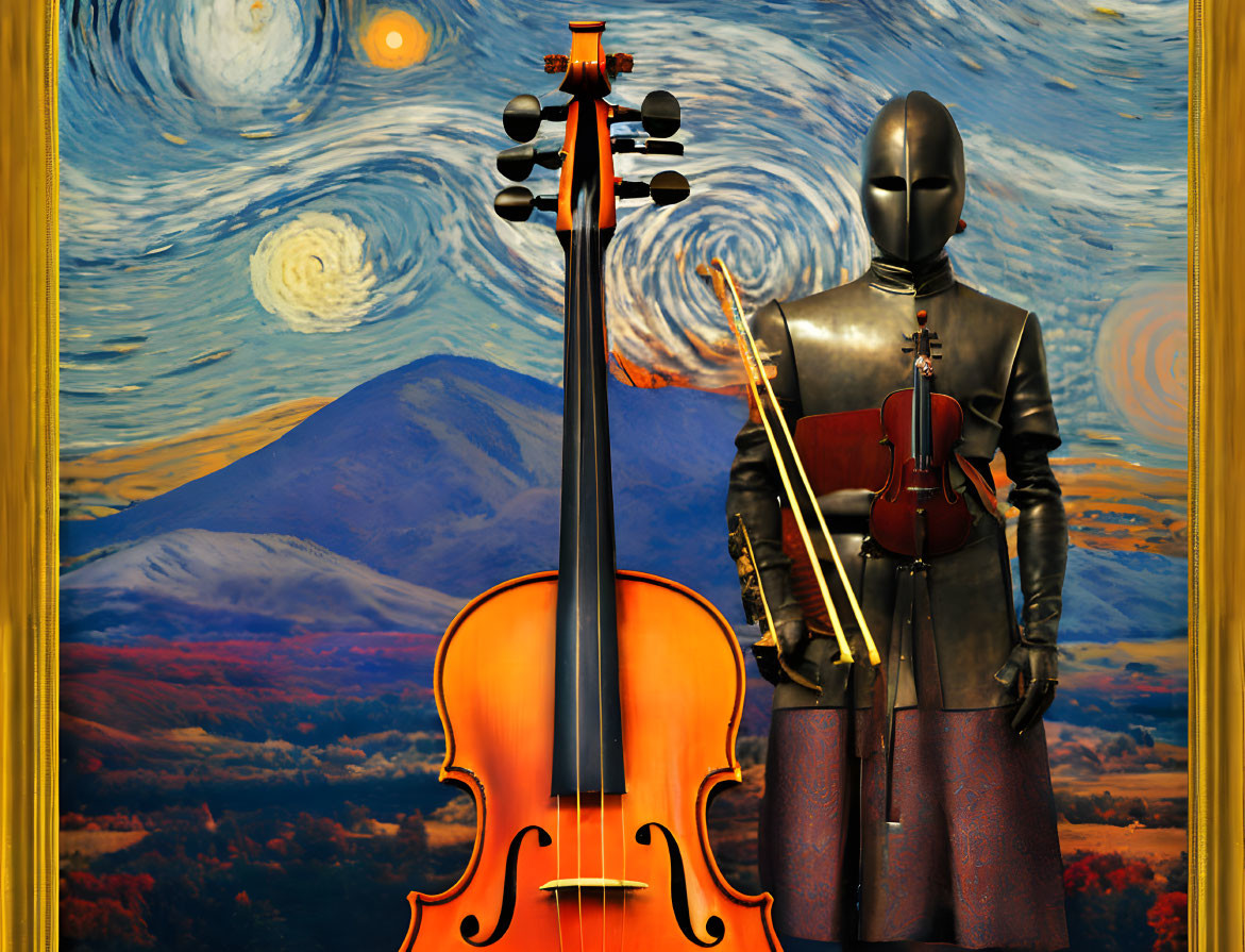 Knight in armor with violin and "Starry Night" painting in the background