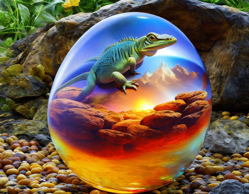 Colorful lizard on glossy orb with mountainscape, pebbles, and flora.