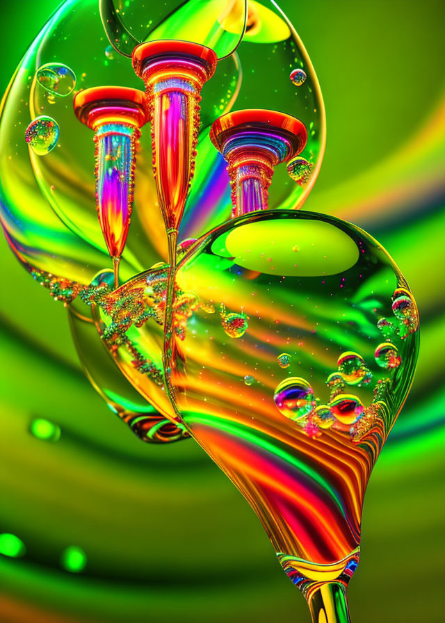 Colorful Abstract Digital Art: Liquid Flow with Reflective Bubbles and Patterns