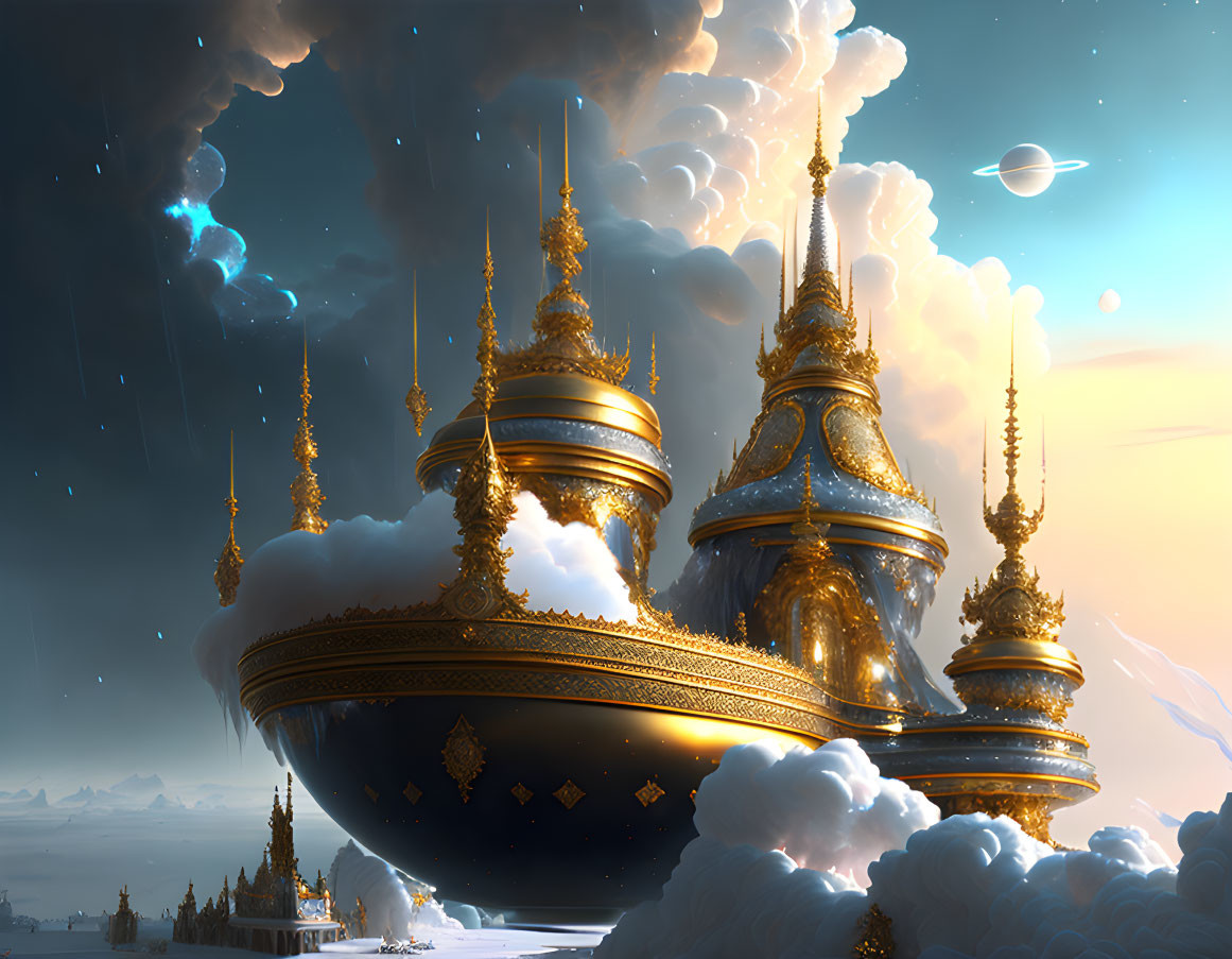 Golden temples on floating island in sky with sunset, clouds, and celestial bodies