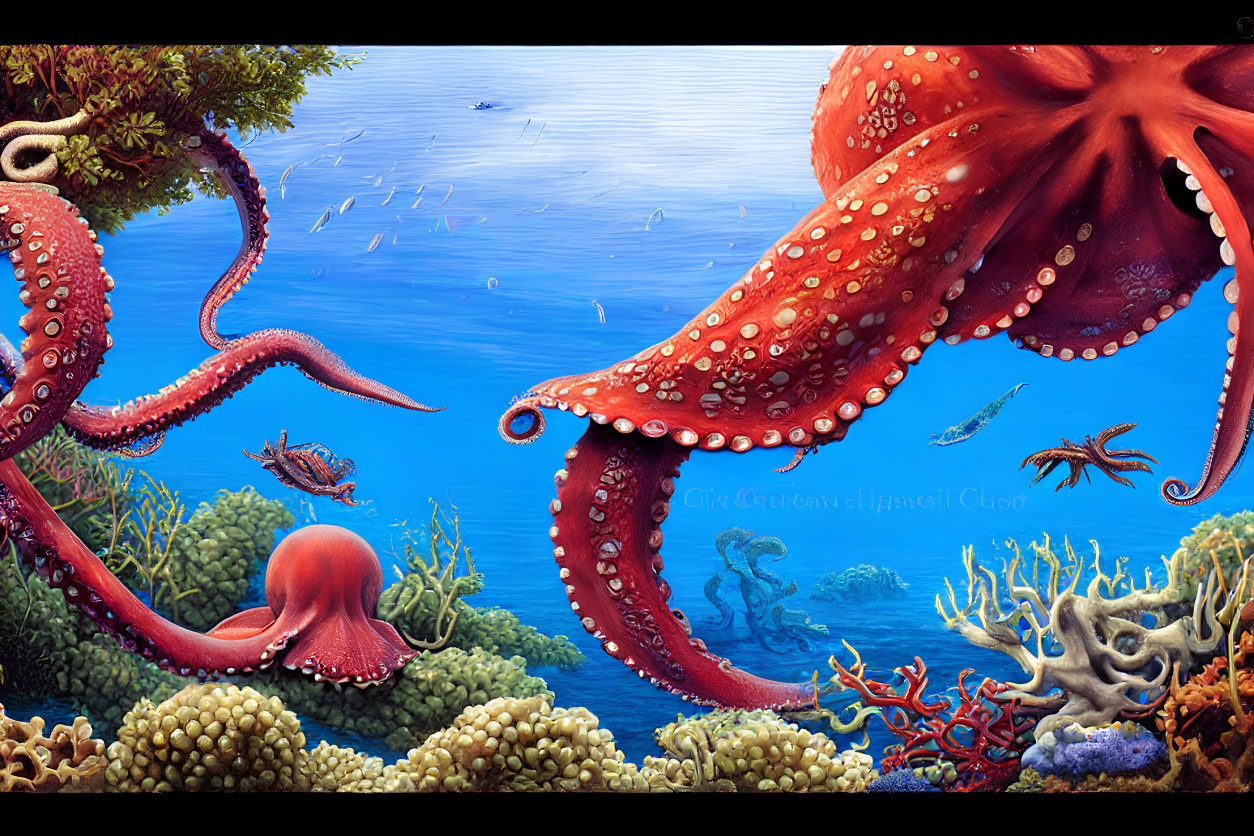 Colorful Underwater Scene with Red Octopus, Coral, Fish, and Small Octopus