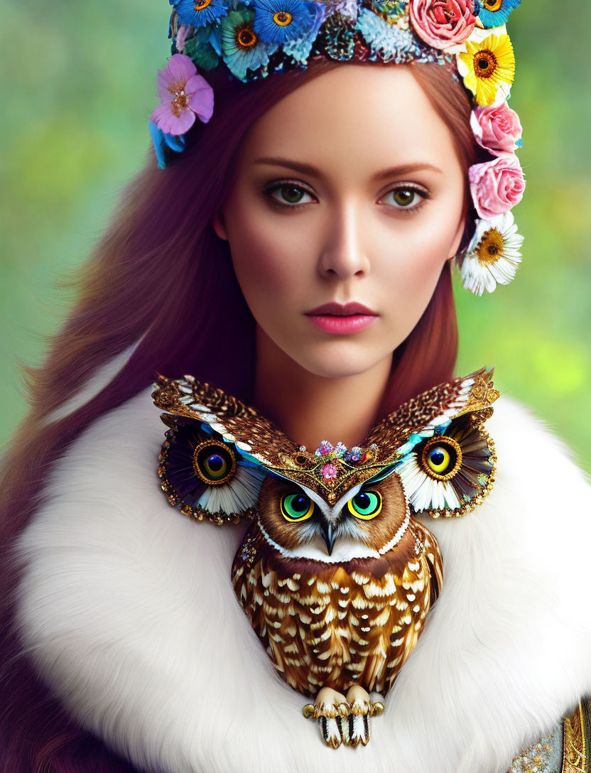 Woman with Floral Crown and Owl in Detailed Portrait