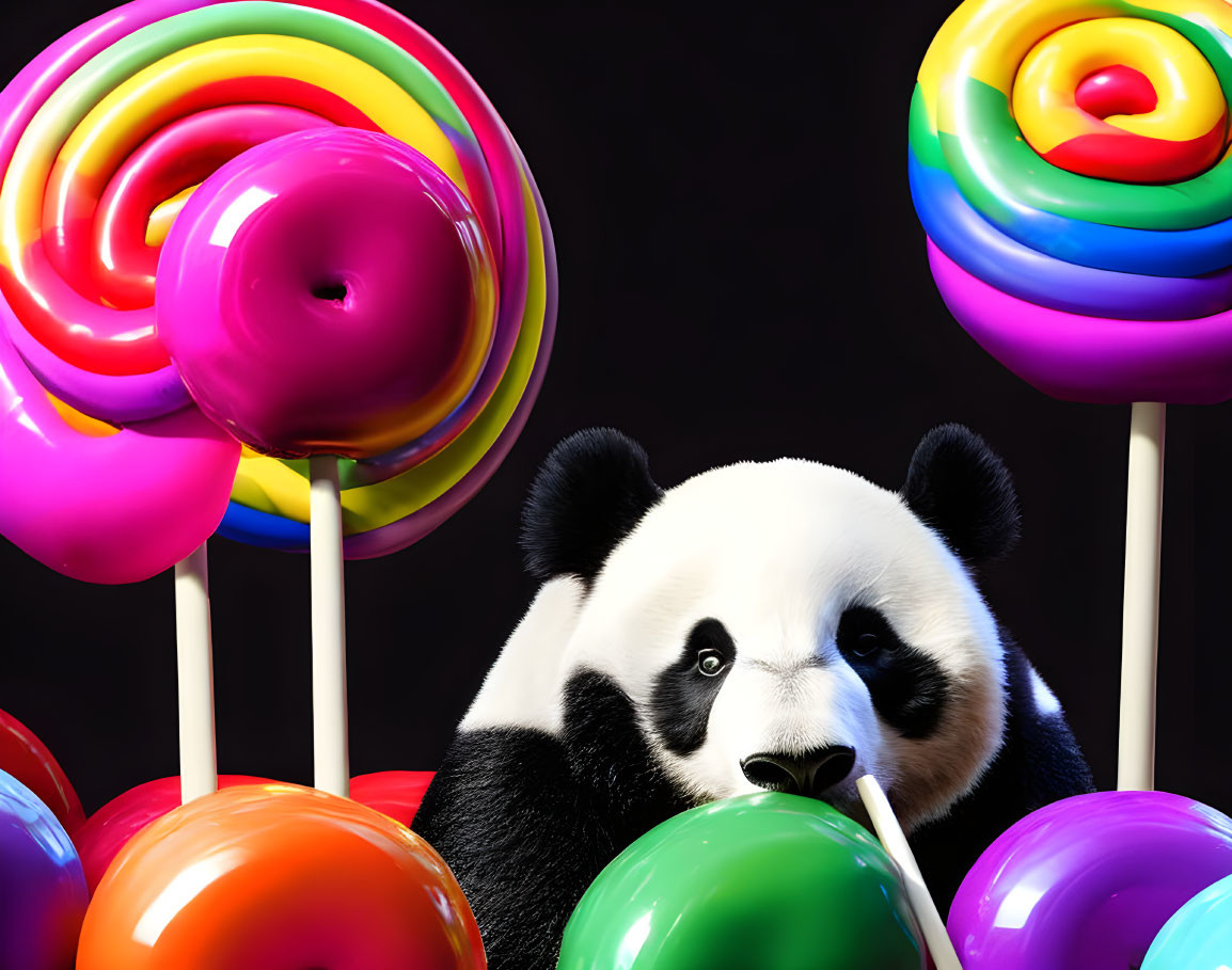 Colorful Panda with Oversized Lollipops on Dark Background