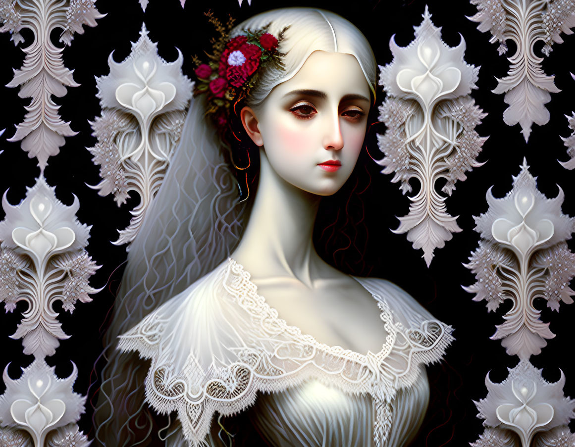 Pale-skinned woman with dark hair in white lace dress, adorned with red flowers on baroque background