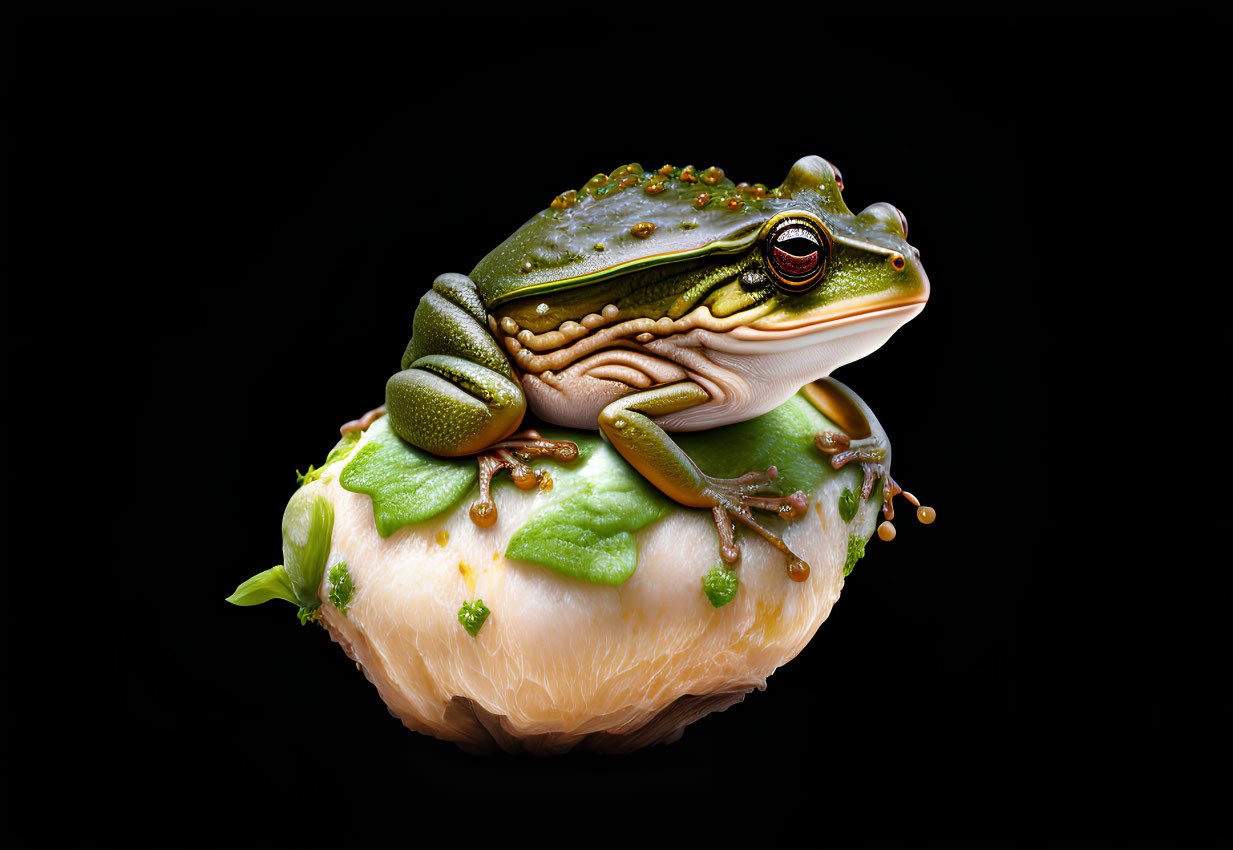 Colorful Green and Gold Frog on White Mushroom in Dark Background