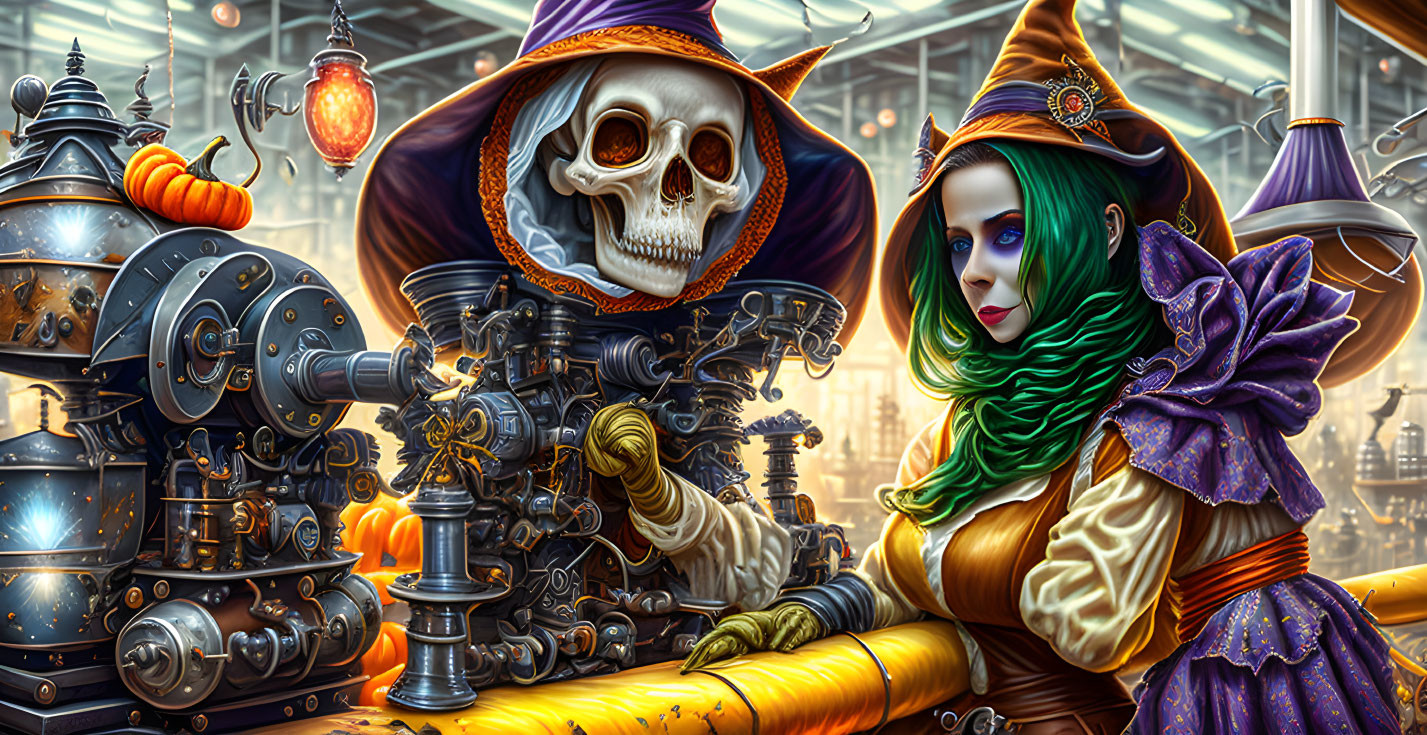 Steampunk scene with skull-faced figure and witch in intricate setting.