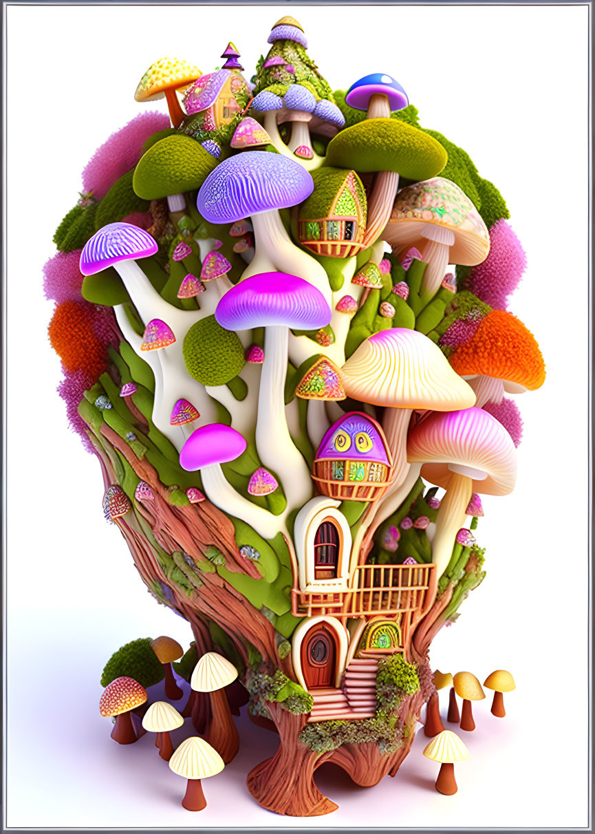 Colorful Mushroom Village on Tree Stump Illustration