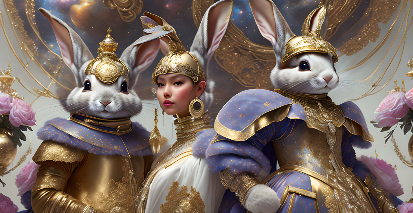 Digital Artwork: Two Humanoid Rabbits in Royal Attire with Pink Blossoms