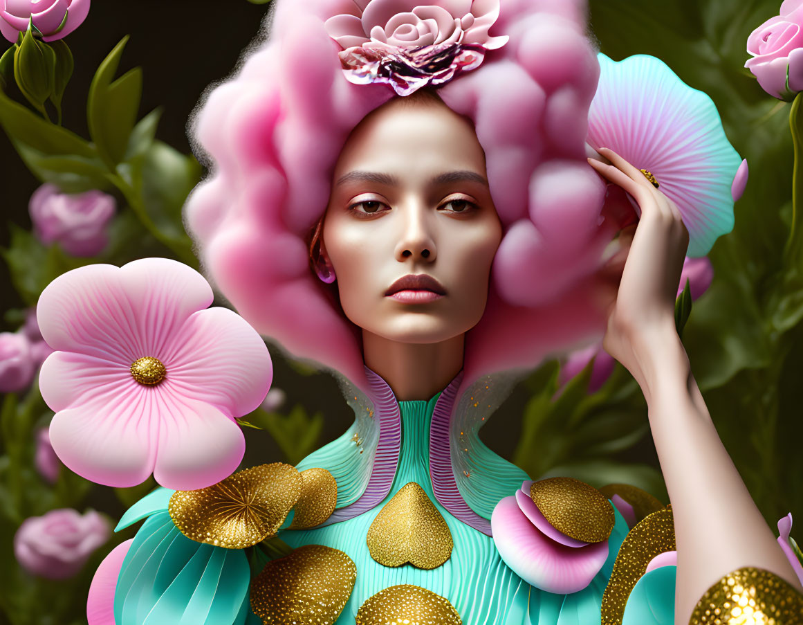 Surreal portrait of woman with oversized pink flowers and unique collar