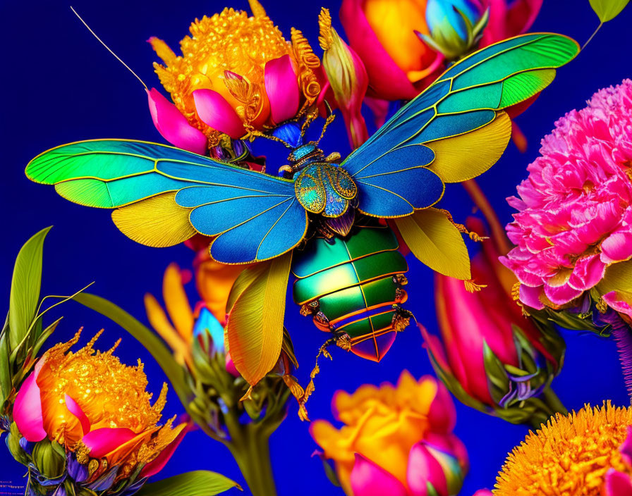 Colorful Digital Art: Mechanical Insect on Iridescent Wings in Floral Setting