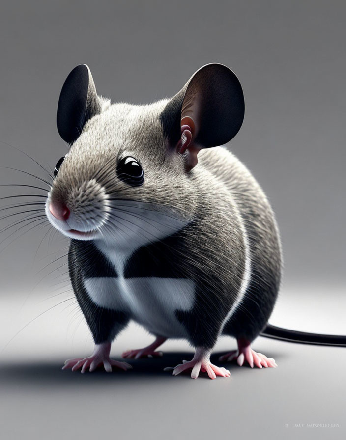 Stylized digital artwork of a mouse with oversized ears and unique black and white stripes