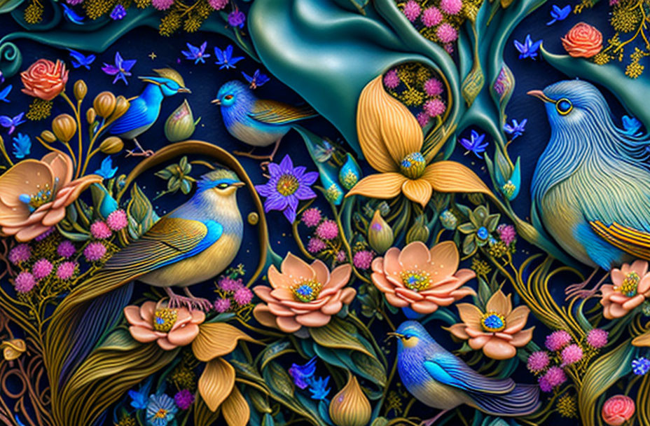 Colorful Bird Illustration with Floral Designs on Dark Background