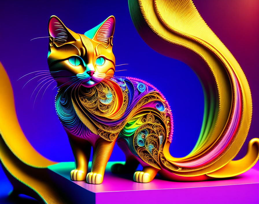 Multicolored stylized cat digital artwork on neon background