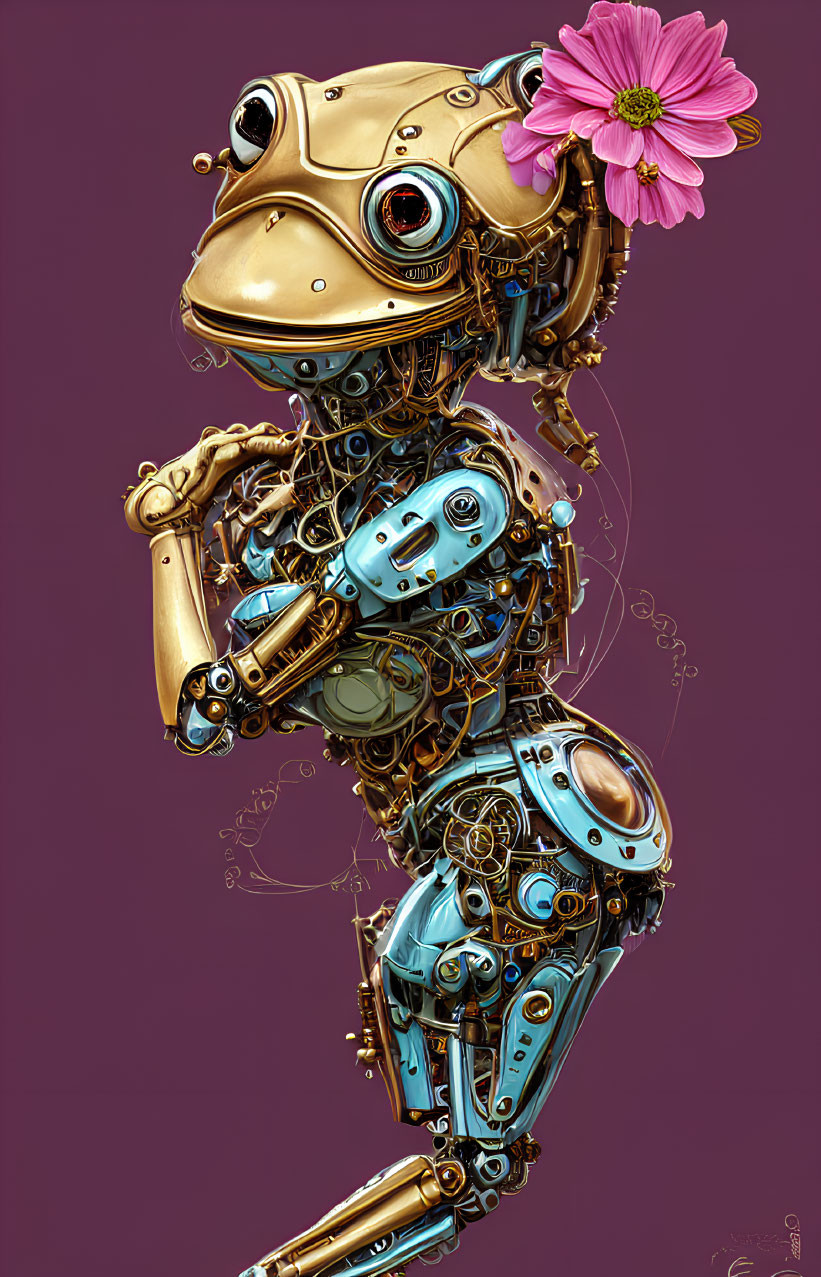 Detailed mechanical frog illustration with gears and metallic parts, holding pink flower on purple background