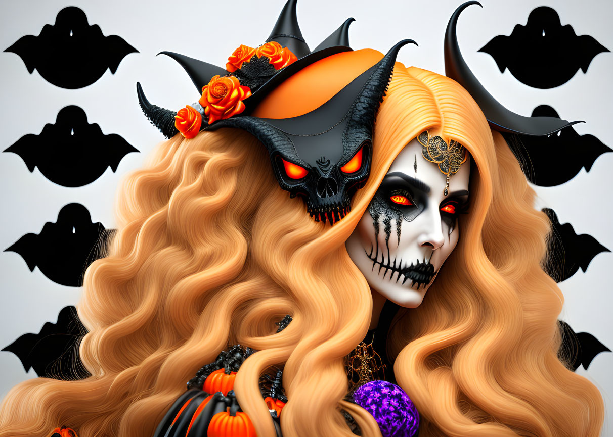 Woman with Halloween makeup and skull features, horned headpiece, and flying bats.