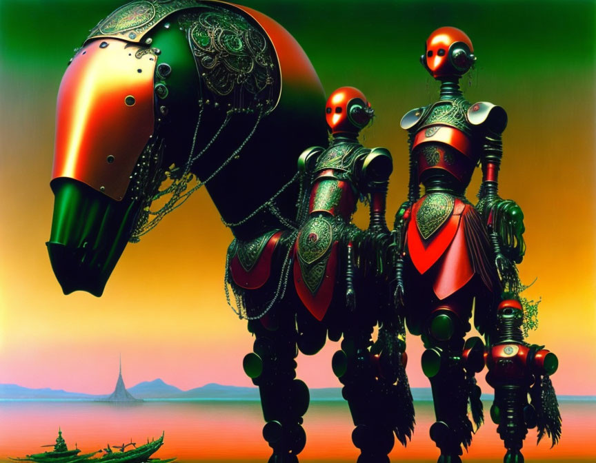 Ornate Robots in Chivalric Sunset Scene