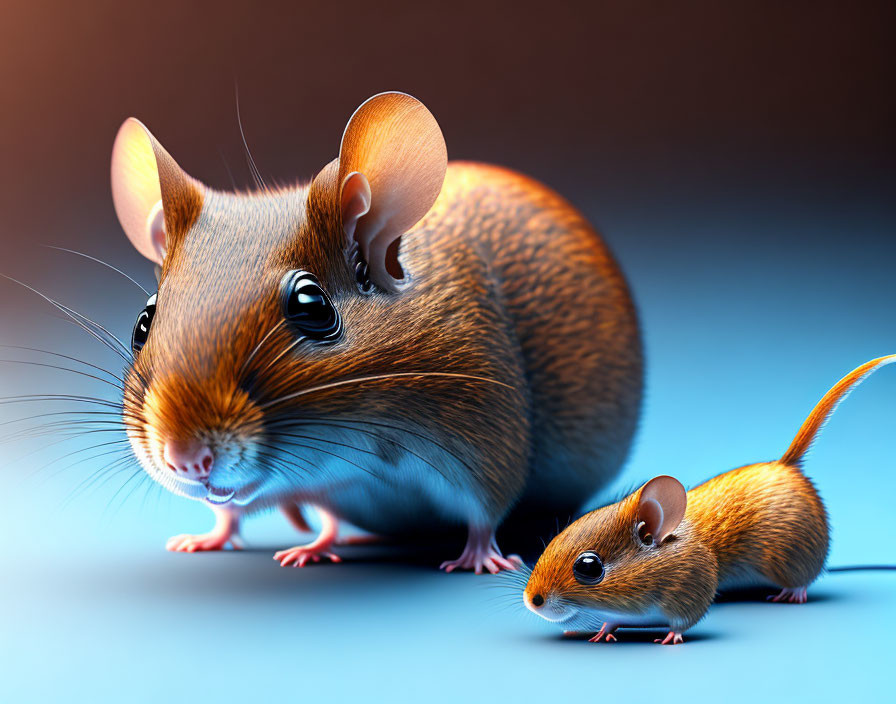 Stylized 3D mouse and offspring on blue gradient background