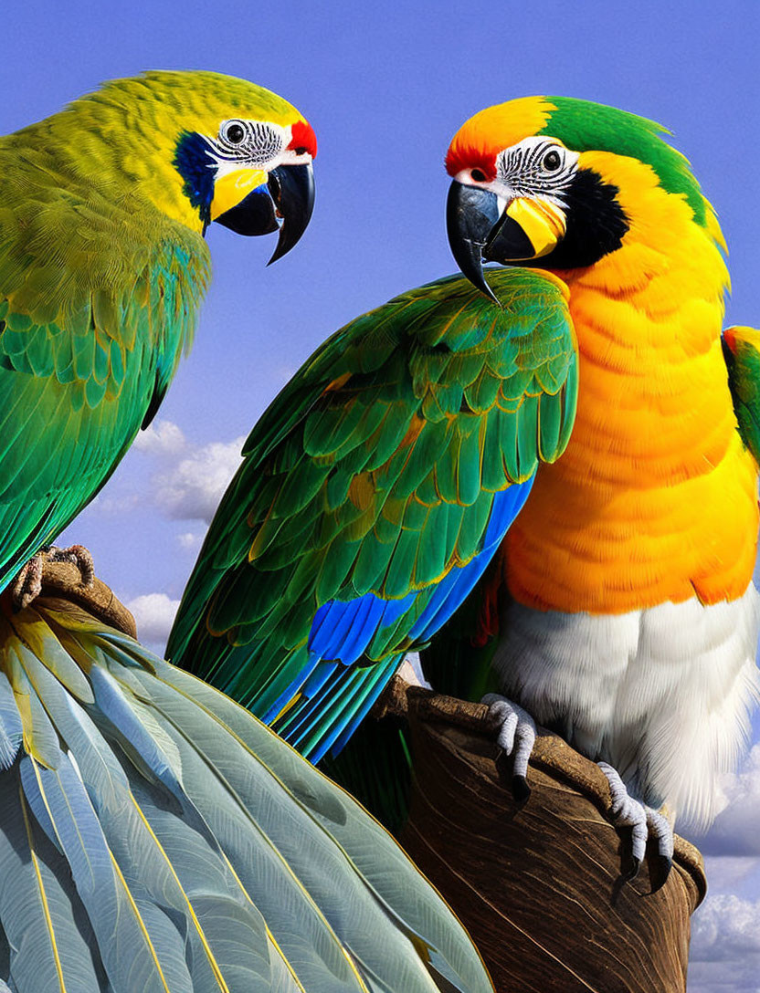 Vibrant macaws on branch against blue sky