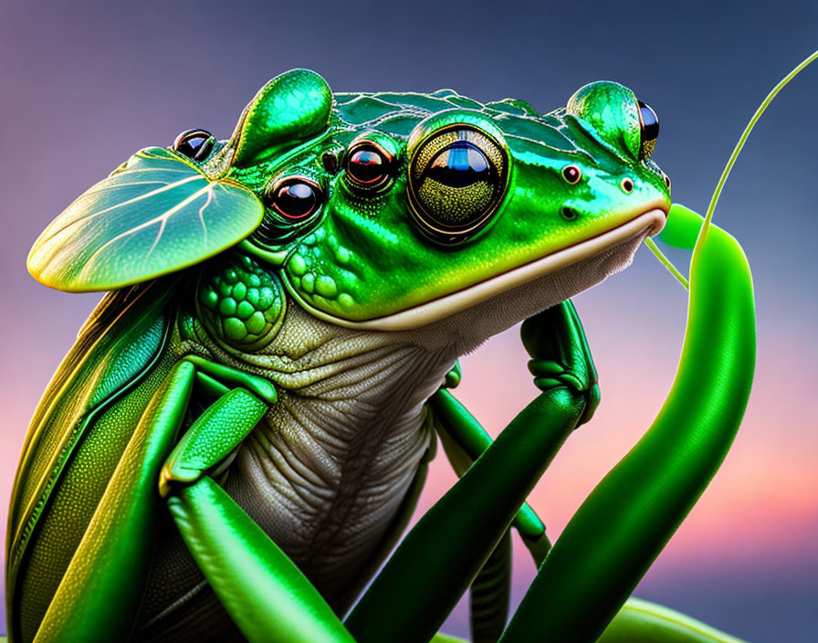 Vibrant green frog on curved plant stem against pastel sunset