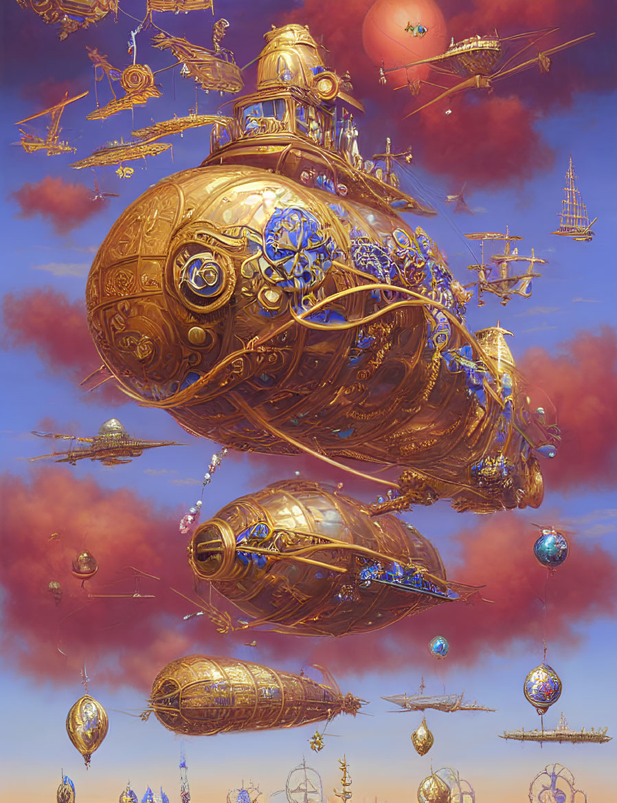 Steampunk-style airship fleet with ornate golden ships and intricate designs