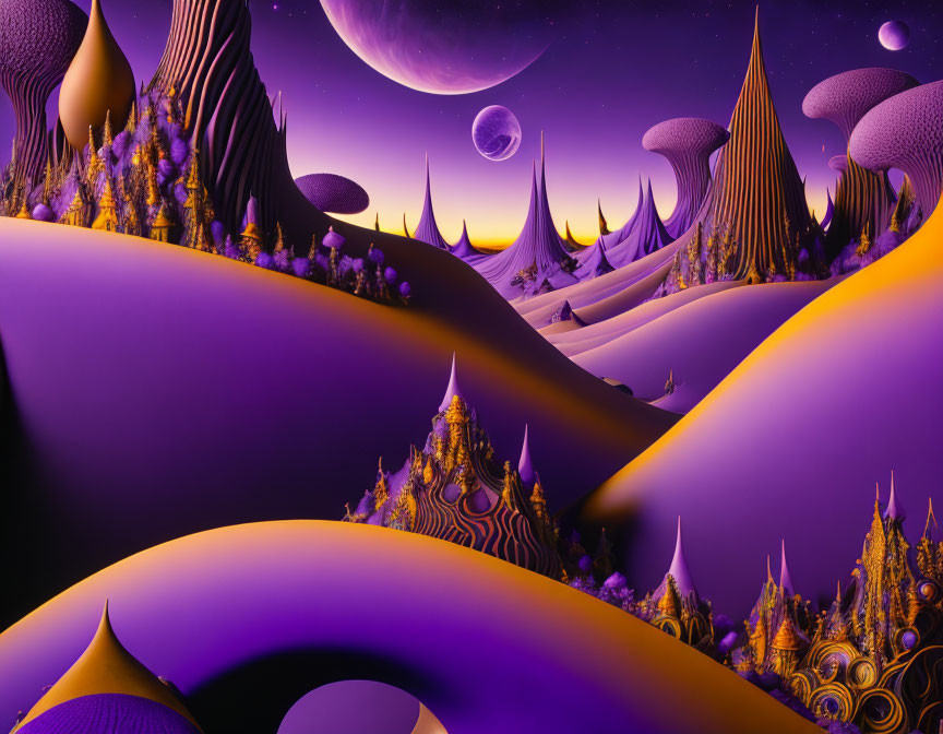 Surreal landscape featuring purple terrain, yellow trees, and multiple moons.