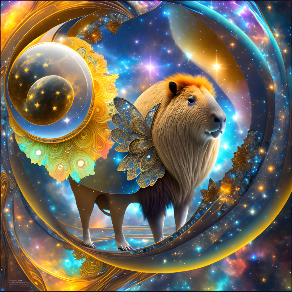 Capybara with Butterfly Wings in Cosmic Setting