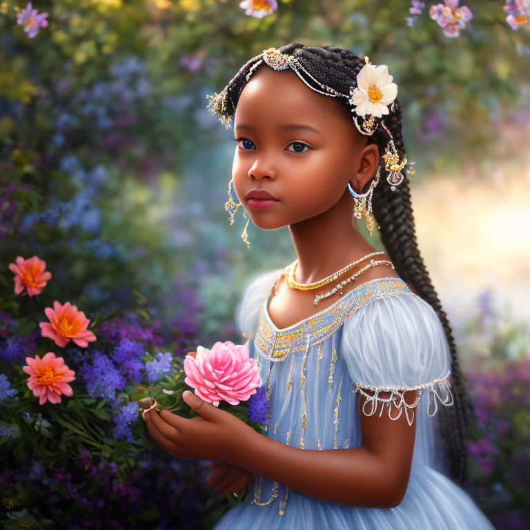 Young girl in blue dress with gold jewelry holding pink flower in contemplation