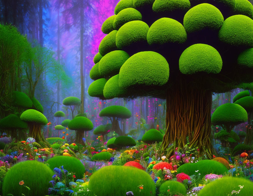 Colorful Fantasy Forest with Giant Mushroom Trees and Lush Greenery