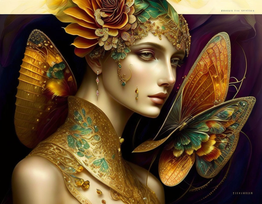 Fantasy illustration of a woman with golden jewelry, floral headpiece, and butterfly wings